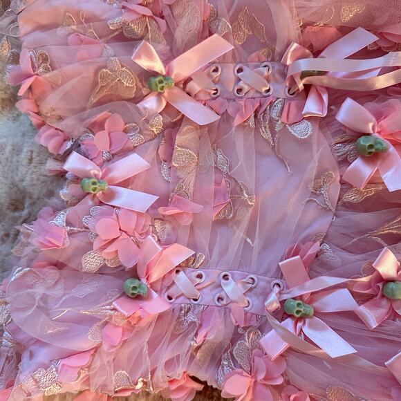 Pink 3D Skull Coquette Corset Floral A Line Mini Dress - Size Small/Medium - Picture 3 of 4
